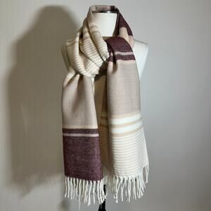 NWT Calvin Klein Striped Woven Fringe Scarf One Size 24" x 81" Burgundy Beige